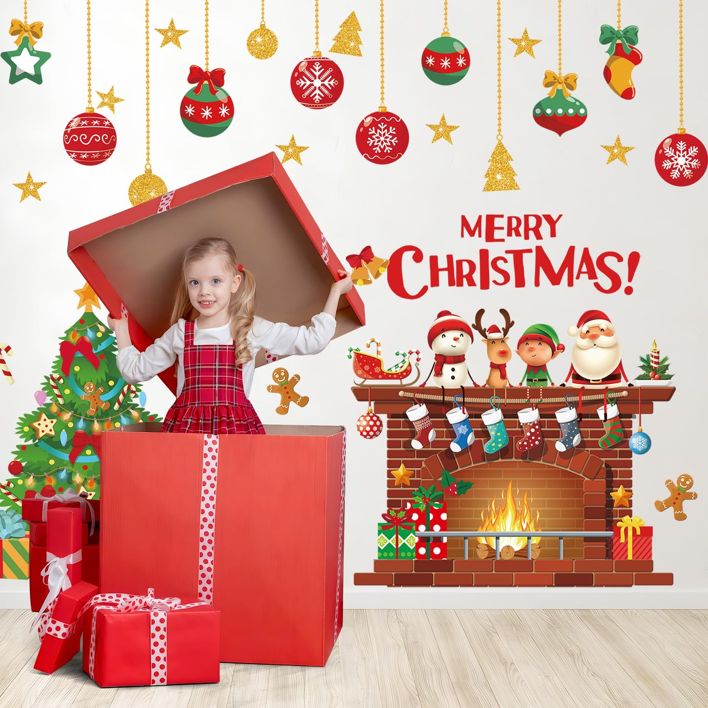 Christmas Wall Decals Christmas Tree Wall Stickers Xmas Ball Fireplace Decals Stickers Removable Merry Christmas Wall Decorations for Xmas Party Bedroom Living Room Office Home Decor, 4 Sheets