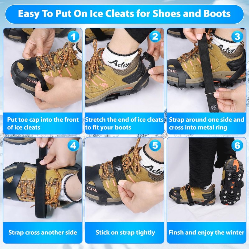 BOGI Crampons, Ice Cleats for Shoes and Boots with 12 Stainless Steel Spikes Non-Slip Ice Shoes Grippers Traction Cleats for Snow Ice, Winter Hiking, Walking, Fishing, Climbing for Women Men Kids