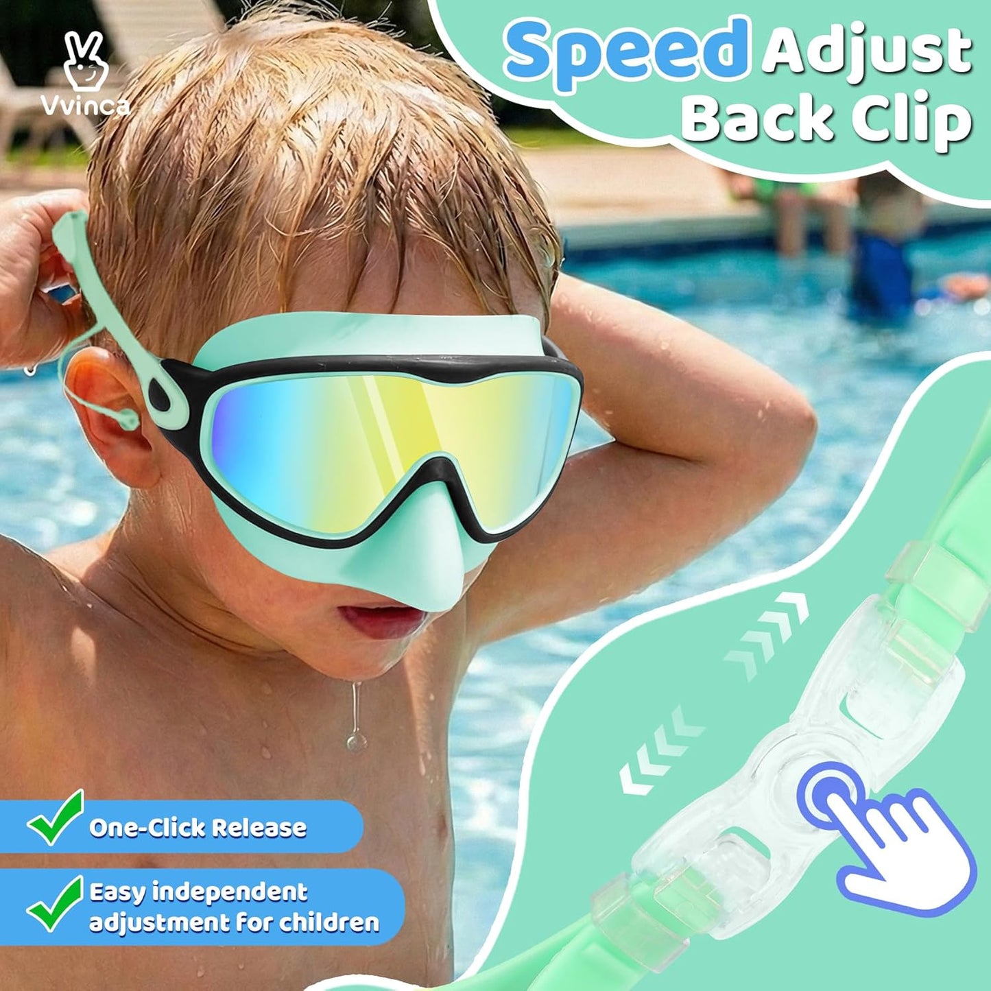 Vvinca Kids Swim Goggles - Anti-Fog Wide View with Nose Cover & Earplugs | Ages 3-12
