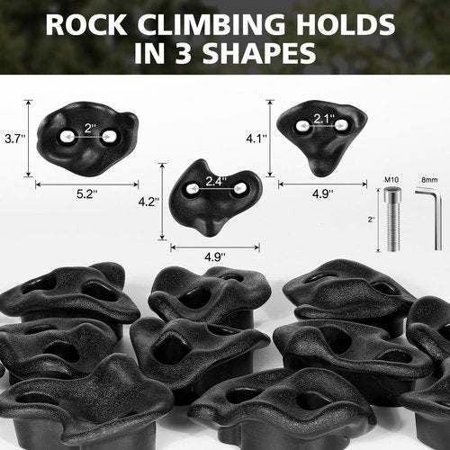 18PCS Climbing Holds for Kids,Large Climbing Holds for Play Set, Rock Wall Climbing Kit with Hardware for Indoor and Outdoor Climbing, Swingset - Adult Rock Wall Holds with Mounting Hardware (Black)