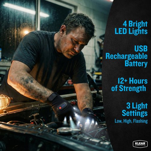 Klear Concepts 8-Light LED Flashlight Gloves for Men and Women, Open Palm Fingerless Gloves, Rechargeable Flashlight with 3 Modes, Work Light for Electricians, Fishing Tools, Camping Essentials