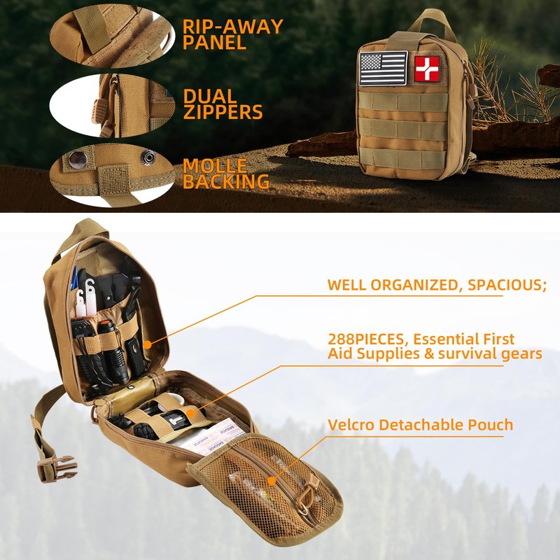 Survival First Aid Kit, Molle Medical Pouch 288PCS Outdoor Emergency Survival Gear and Equipment for Hiking Camping Hunting Car Boat Home Travel and Adventures, Gift for Him Men(Khaki)