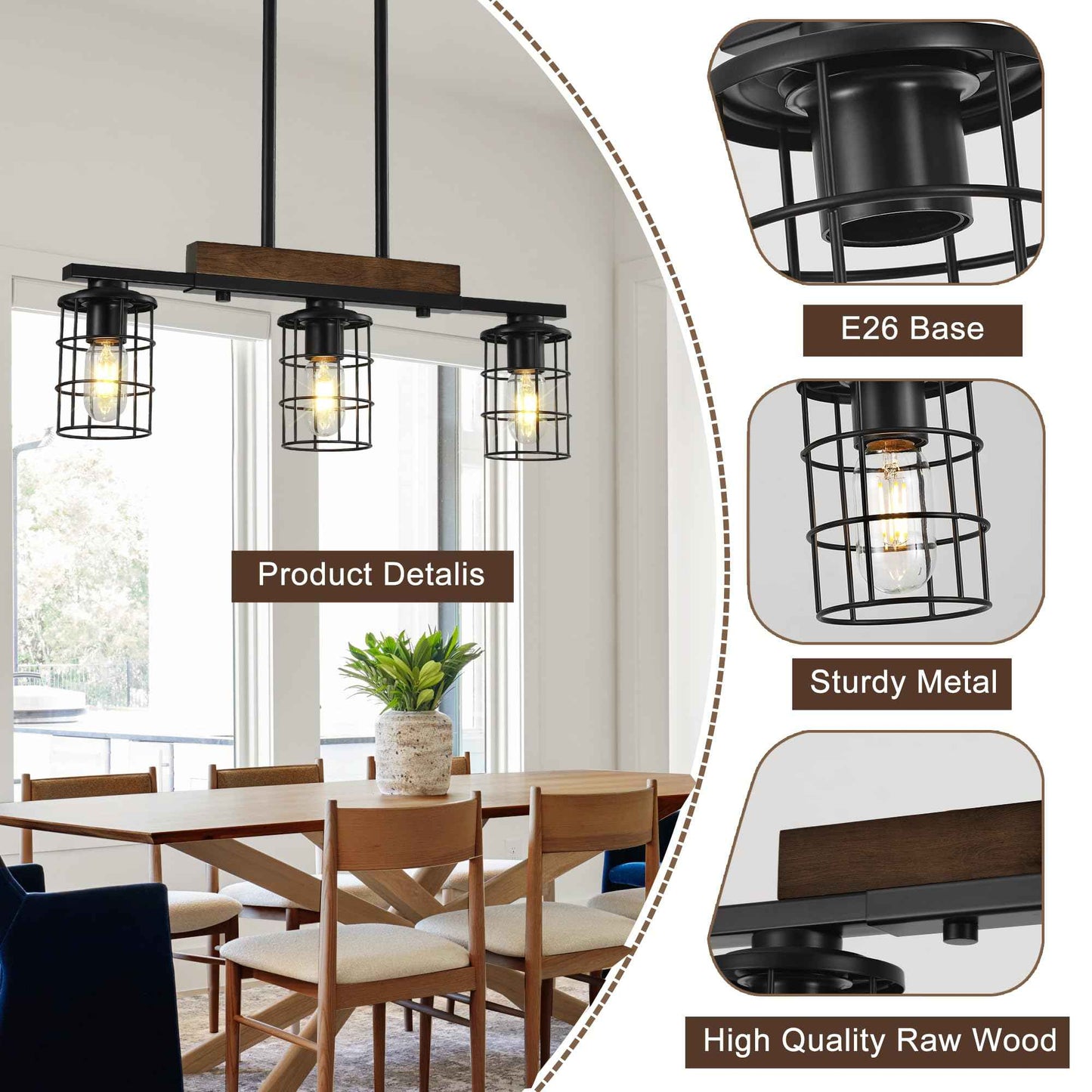 Dining Room Light Fixture/Chandelier Over Table, 23.3-Inch Hanging for Farmhouse Linear Chandeliers,3-Light Kitchen Island Lighting, Black Rustic Wooden Ceiling Chandelier,with Metal lampshade