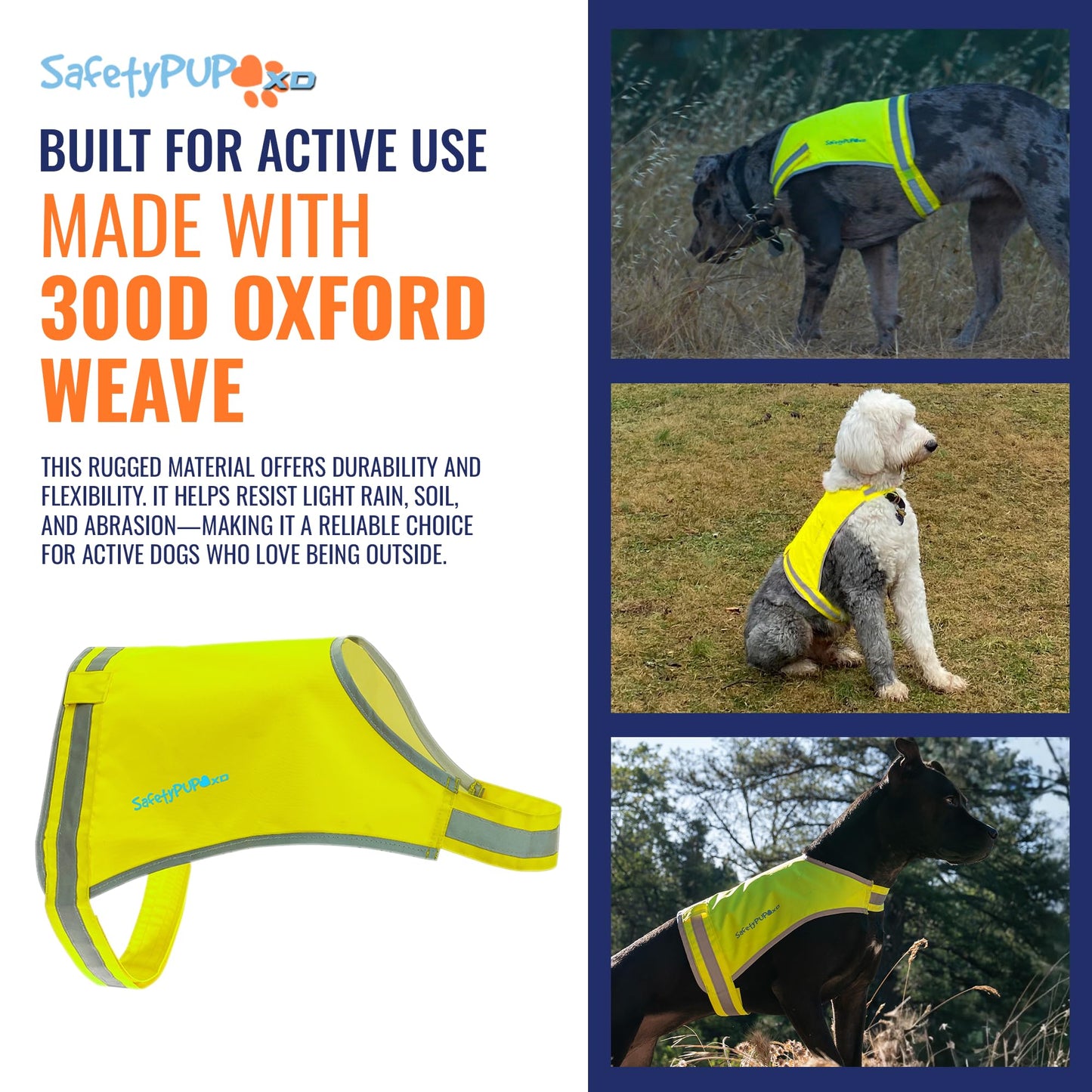 SafetyPUP XD Lite Dog Vest. Coverage to Mid Back. Reflective Hi Visibility Fluorescent Yellow Fabric Helps to Keep Them in Sight and Safe On and Off Leash.