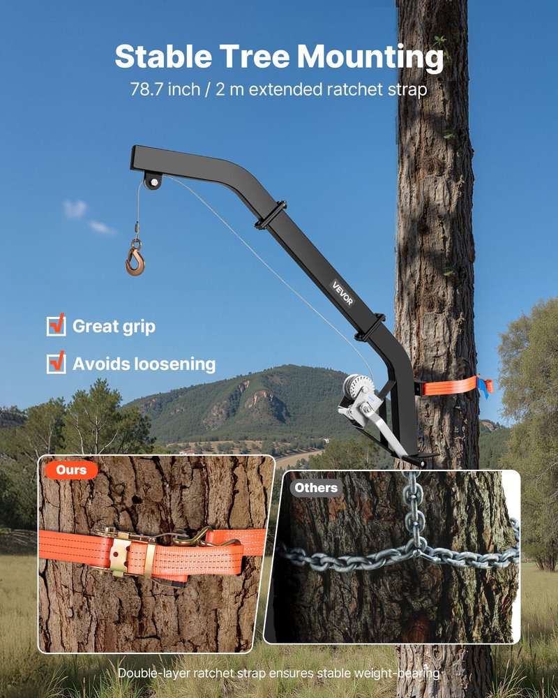 VEVOR Tree Mounted Deer Hoist, 353 lbs Load Capacity, Hunting Game Hoist Winch Lift with Ratchet Strap, Heavy Duty Deer Hanger for Skinning, Cleaning, Hanging Feed, and Field Dressing, Black