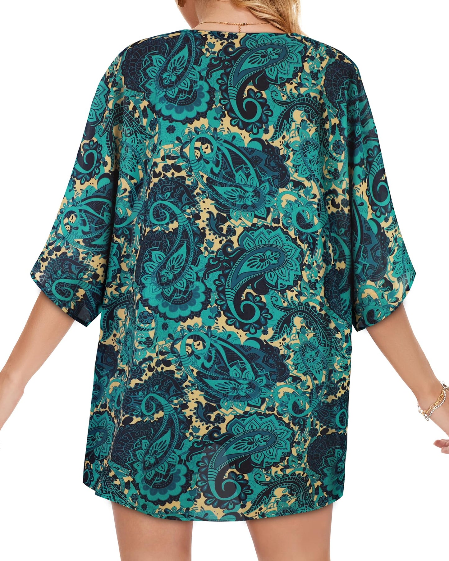 Women's Floral Kimono Print Puff Sleeve Loose Cardigan Cover Up Casual Blouse Summer Tops (Blue Yellow Floral, M)