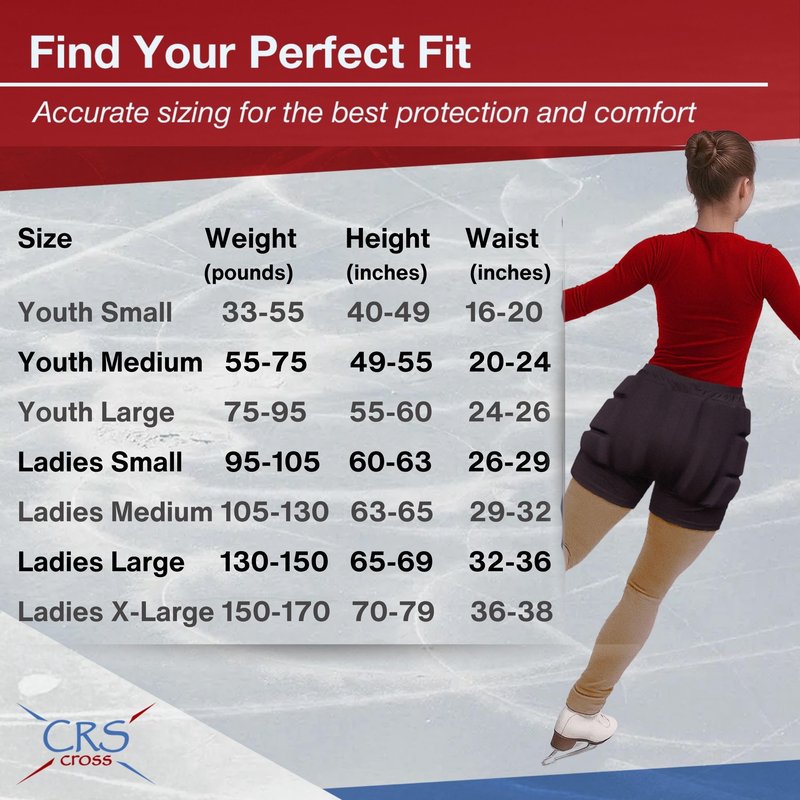 CRS Cross Padded Figure Skating Shorts. Crash Pad Pants for Roller, Inline, Ice Skating, Snowboarding, and Skiing. Fall Impact Protection for Butt, Hips, and Tailbone (Ladies Small Black)