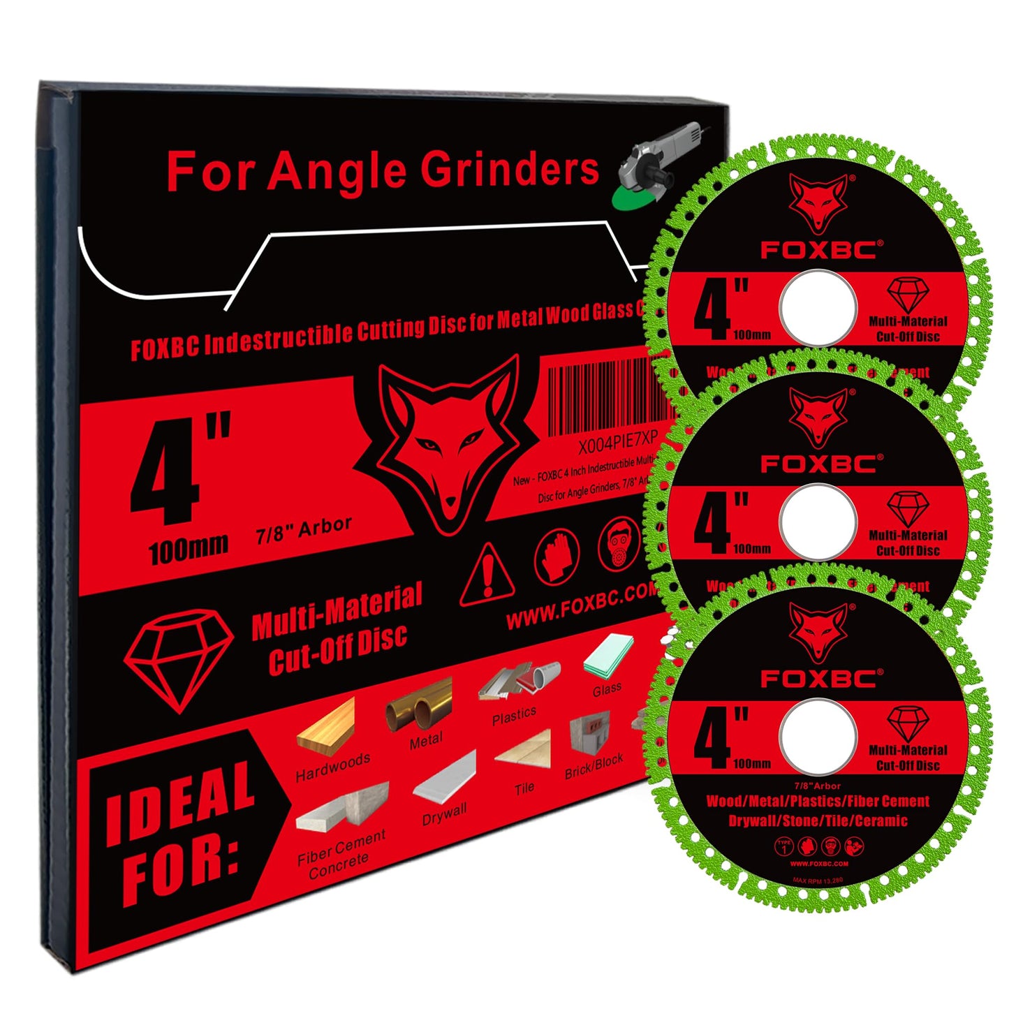 FOXBC 4 Inch Indestructible Multi-Material Cut Off Disc for Angle Grinders, 7/8" Arbor - 3 Pack