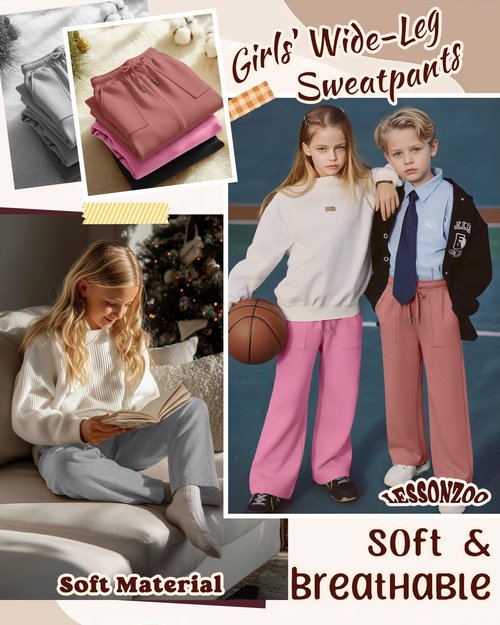 LessonZoo 4 Pack Girls' Straight Leg Sweatpants, Kids Drawstring Casual Joggers Teen Loose Open Bottom Pants with Pockets(Coral Pink, Pink, Light Gray, Black,Large)