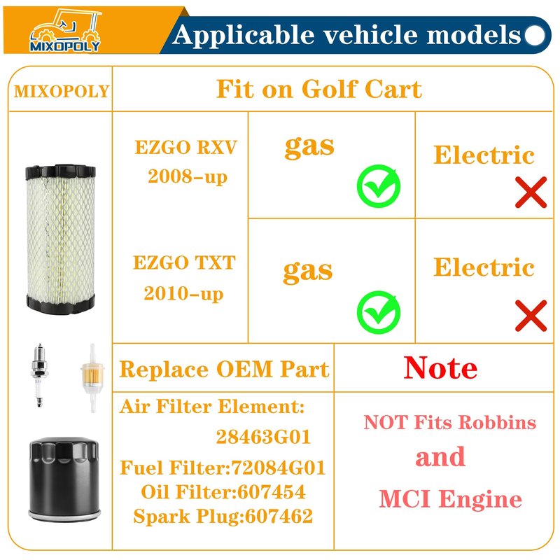 Mixopoly Golf Cart Tune Up Kit 611879 for EZGO RXV 2008-up and TXT 2010-up 4 Cycle Gas Kawasaki Motor, Engine Maintenance Kit, OEM# 28463-G01, 72084-G01, 607454, 607462