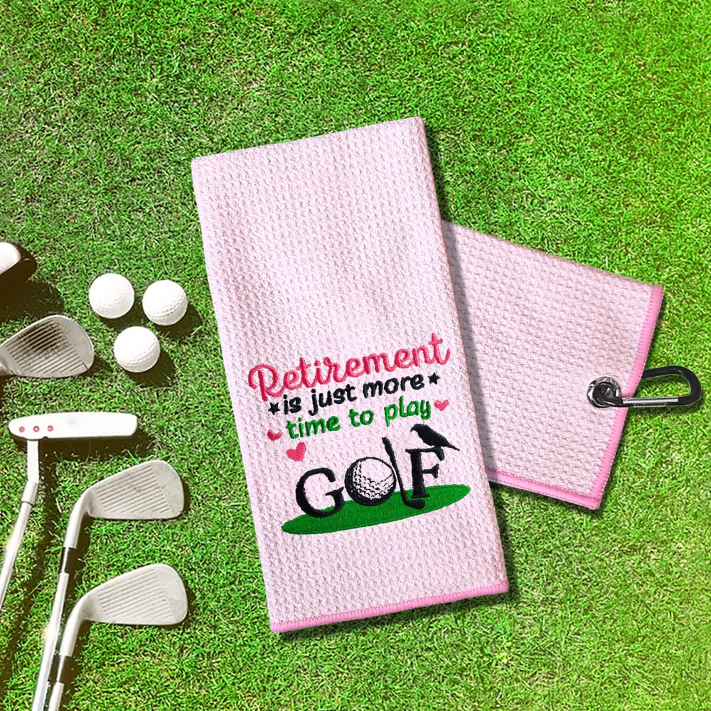 TOUNER Retirement is Just More Time to Play Golfing Towels, Ladies Golf Gifts, Golfing Bag Towel Present, Ladies Golf Accessories for Retirement Christmas Birthday Towel Gifts for Grandma, Mom