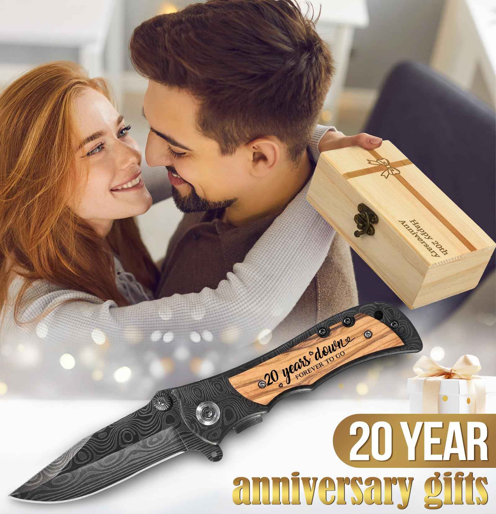 Lanties 20 Year Anniversary Keepsake Gifts for Him Engraved Pocket Knife with Gift Box Happy Tin Anniversary Customized Wedding Birthday Father's Day Gifts for Men Husband