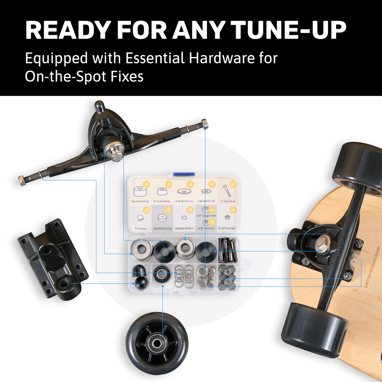 ELOS Skateboard Hardware Kit – DIY Skateboard Kit with Skateboard Truck Hardware, 608 Wheel Bearings, Bushings, Axle Nuts & Washers, Truck Kingpin Nut, Screws & Bolts, 42Pieces Skateboard Parts