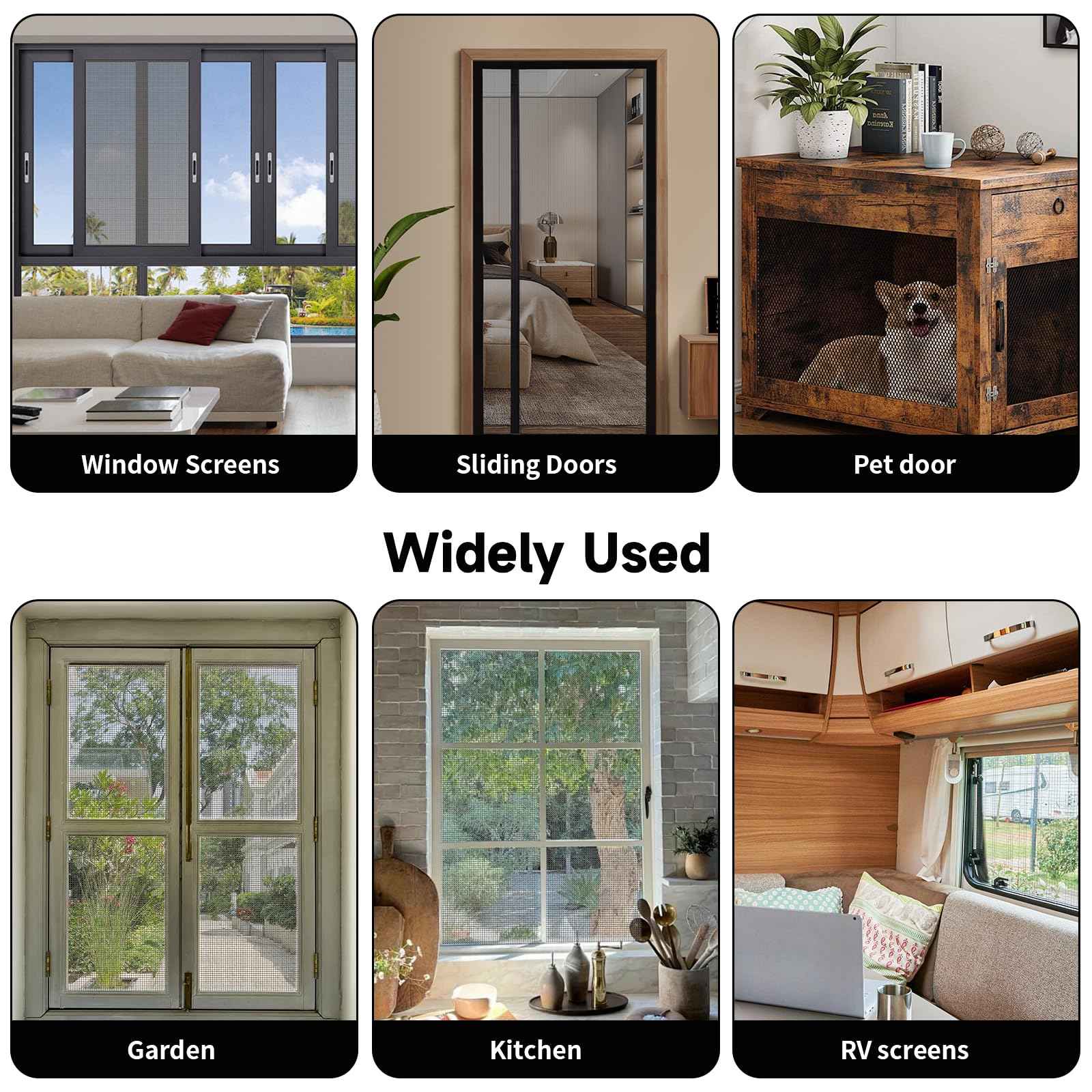 Window Screen Door Repair/Replacement Kit,48" x178" Adjustable Durable Fiberglass Window Screen Mesh,with Spline/Roller/Hook/Clips Screen Door Repair Kit,DIY Window,Porch Sliding Door(Black)