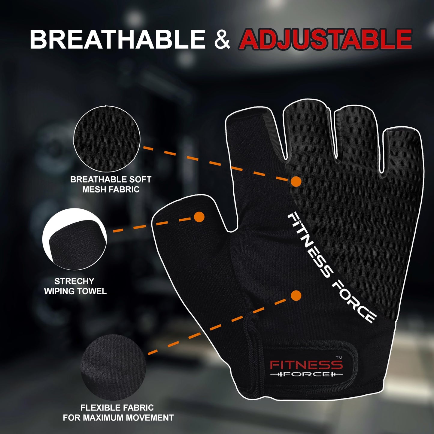 FITNESS FORCE Breathable Workout Gloves for Men and Women, Padded Weight Lifting Gloves with Full Palm Protection for Grip, Exercise, Cycling, Gym, Fitness Training (Black, Medium)