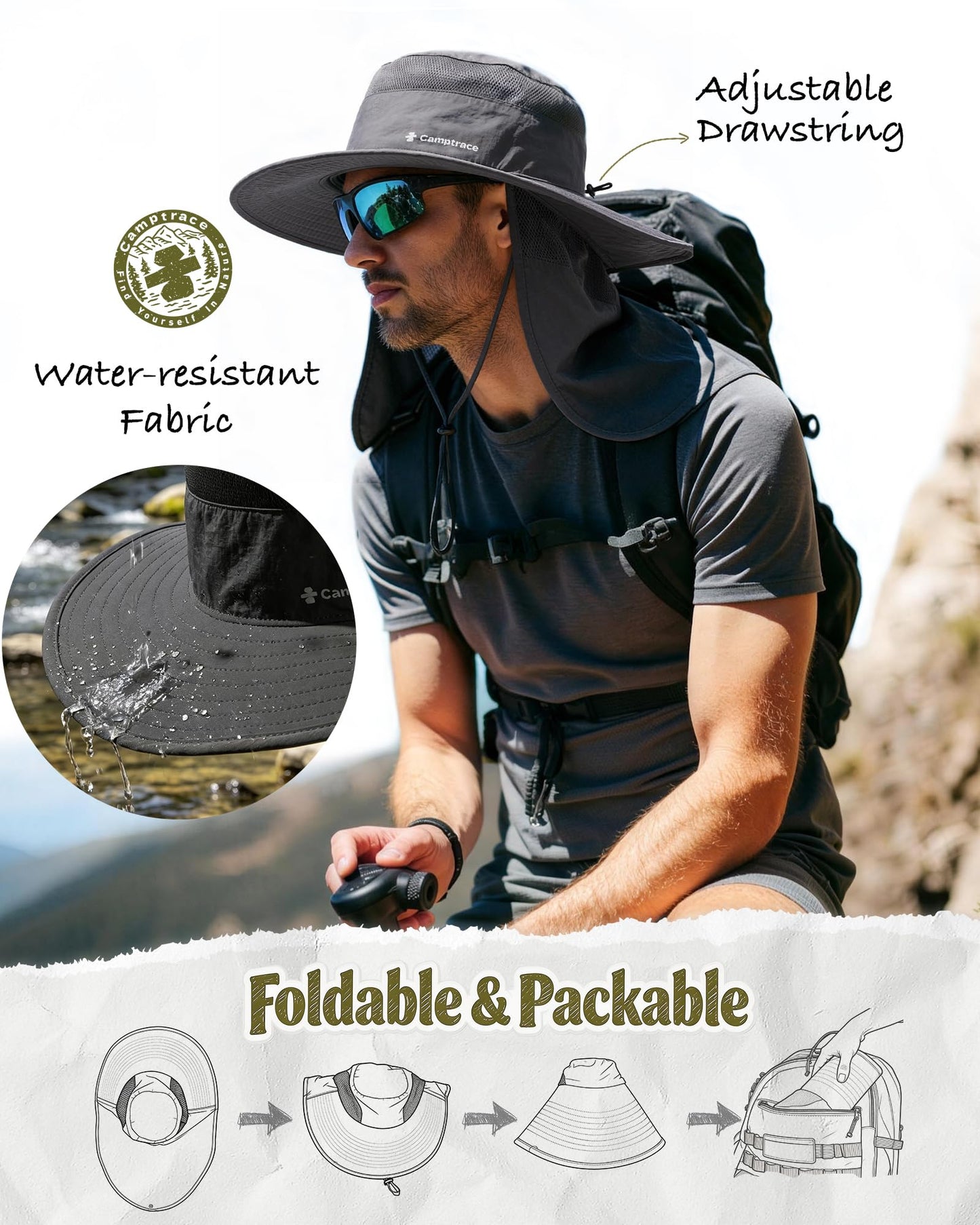 Camptrace Wide Brim Men Sun Hat with Neck Flap UPF Fishing Hiking Gardening