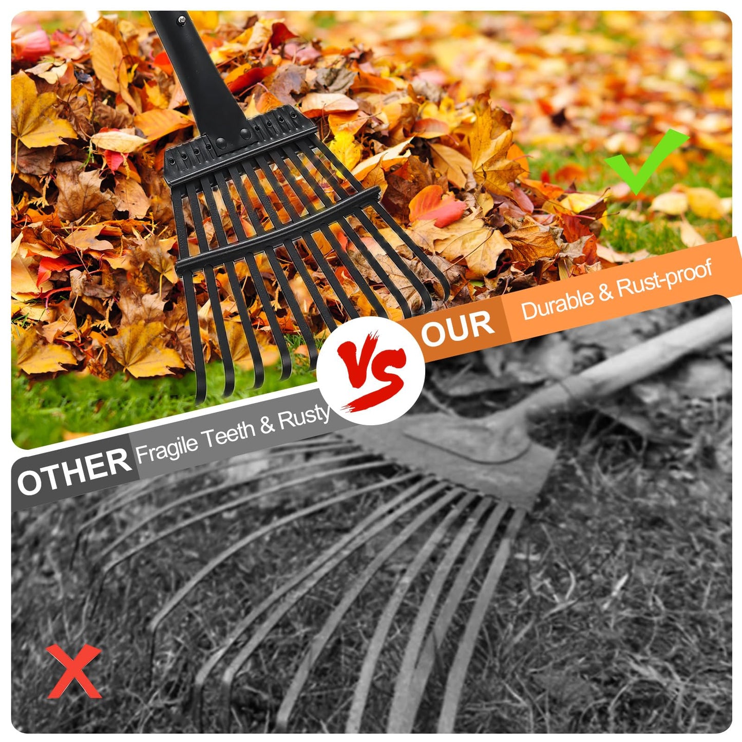 Small Rake for Leaves, 11 Metal Tines Narrow Leaf Rake, 60'' Leaf Rakes for Lawns with Adjustable Steel Handle for Camping Flower Beds Mulch Shrub, Black