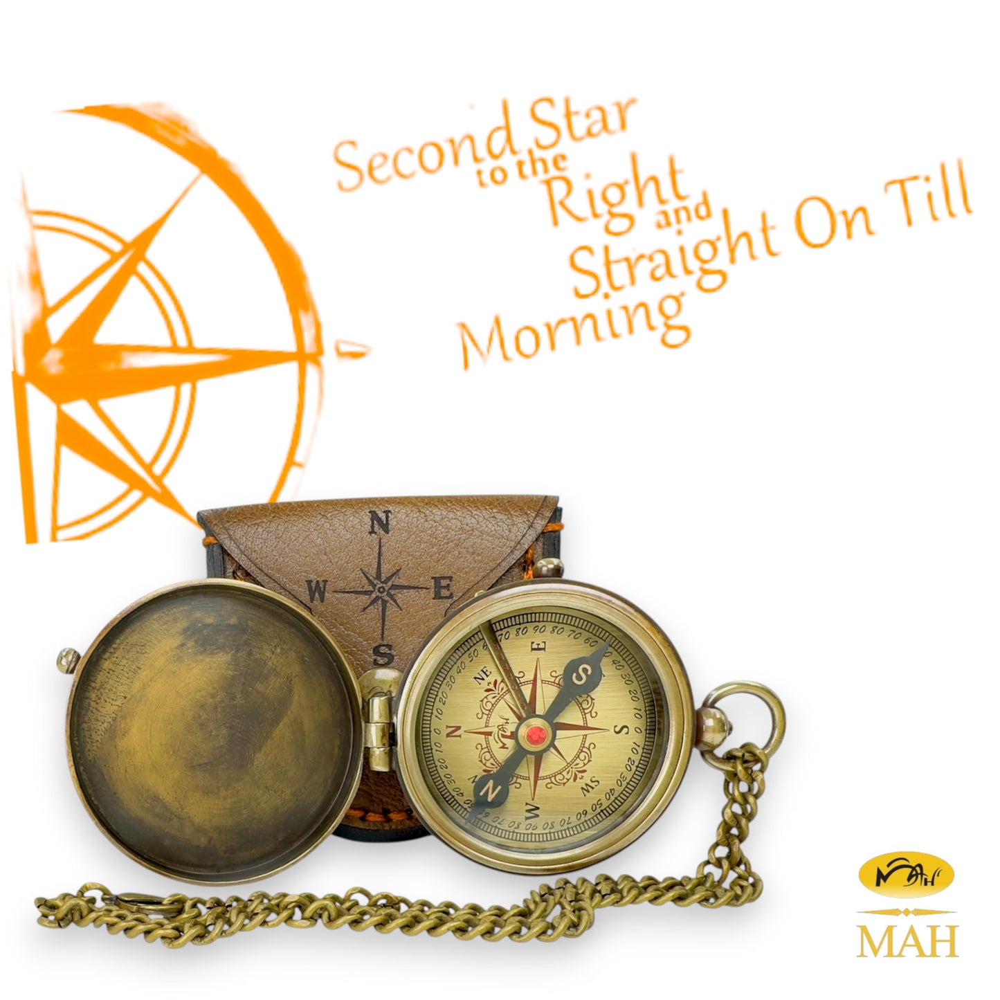 Brass Compass with “Second Star to the Right” Embossed Dial – Inspirational Pocket Compass Gift for Son, Daughter, or Friend | Motivational Keepsake for Graduation, Birthday, Christmas, or Travel gift