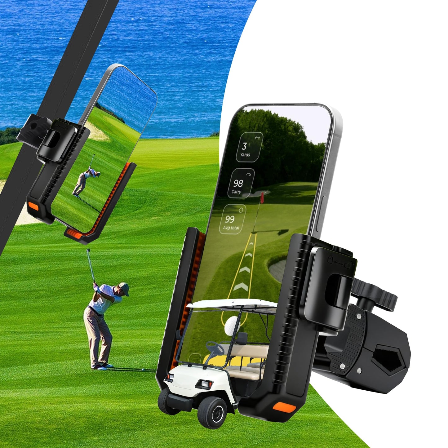 XEEP Golf Cart Phone Holder Mount, 3s Phone Clip Install, 1s Lock & Release, 360° Rotation Golf Phone Holder Compatible with EZGO/Club Car/Yamaha, Golf Cart Accessories for All 4.5-7"