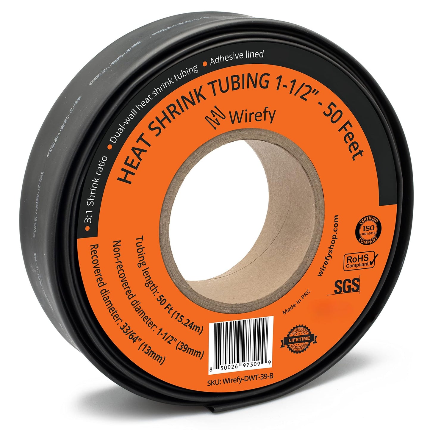 Wirefy | Heat Shrink Tubing - 1-1/2" inch - 3:1 Ratio - Adhesive Dual Wall Waterproof - Heat Shrink Tube - Heatshrink Tubes - Black - 50 Feet Roll | Trusted UL Certification