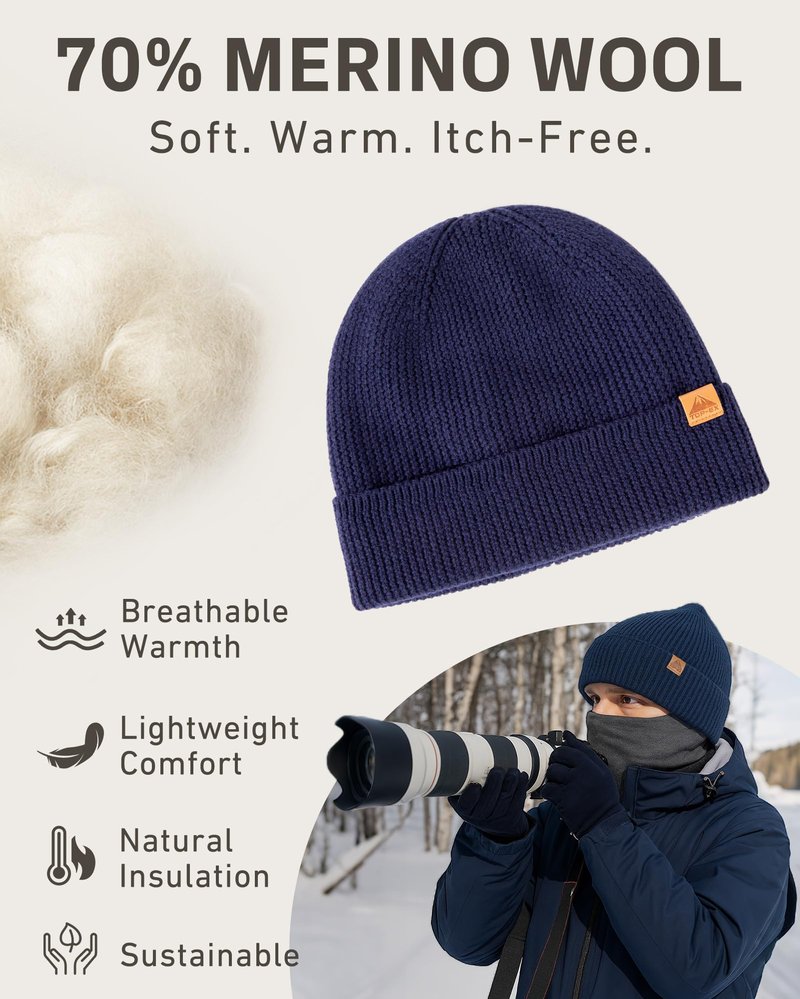 TOP-EX XL Winter Merino Wool Cuffed Beanie Hat for Men Women Warm Fleece-Lined Knit Skull Cap for Hiking Running Skiing Snow Thermal Hat for Cold Weather Extra Large for Big Head Black L/XL