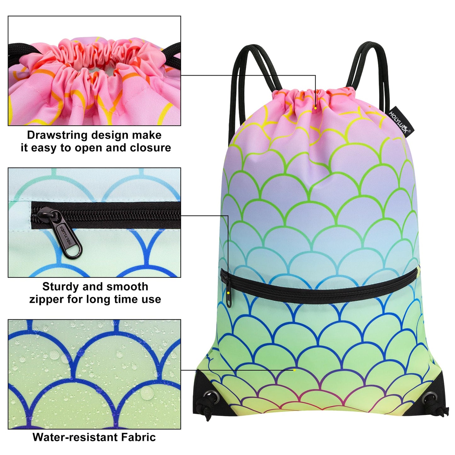 HOLYLUCK Drawstring Backpack Bag Sport Gym Sackpack (Colorful Fish Feather)
