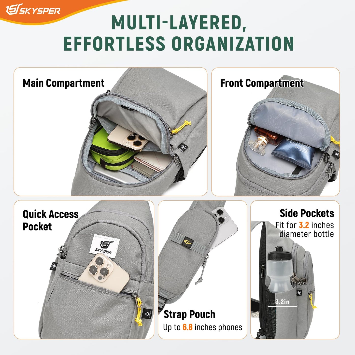 SKYSPER Sling Bag RFID Anti-Theft Crossbody Bag Recycled Travel Cross Body Bag Shoulder Sling Daypack(Gray)