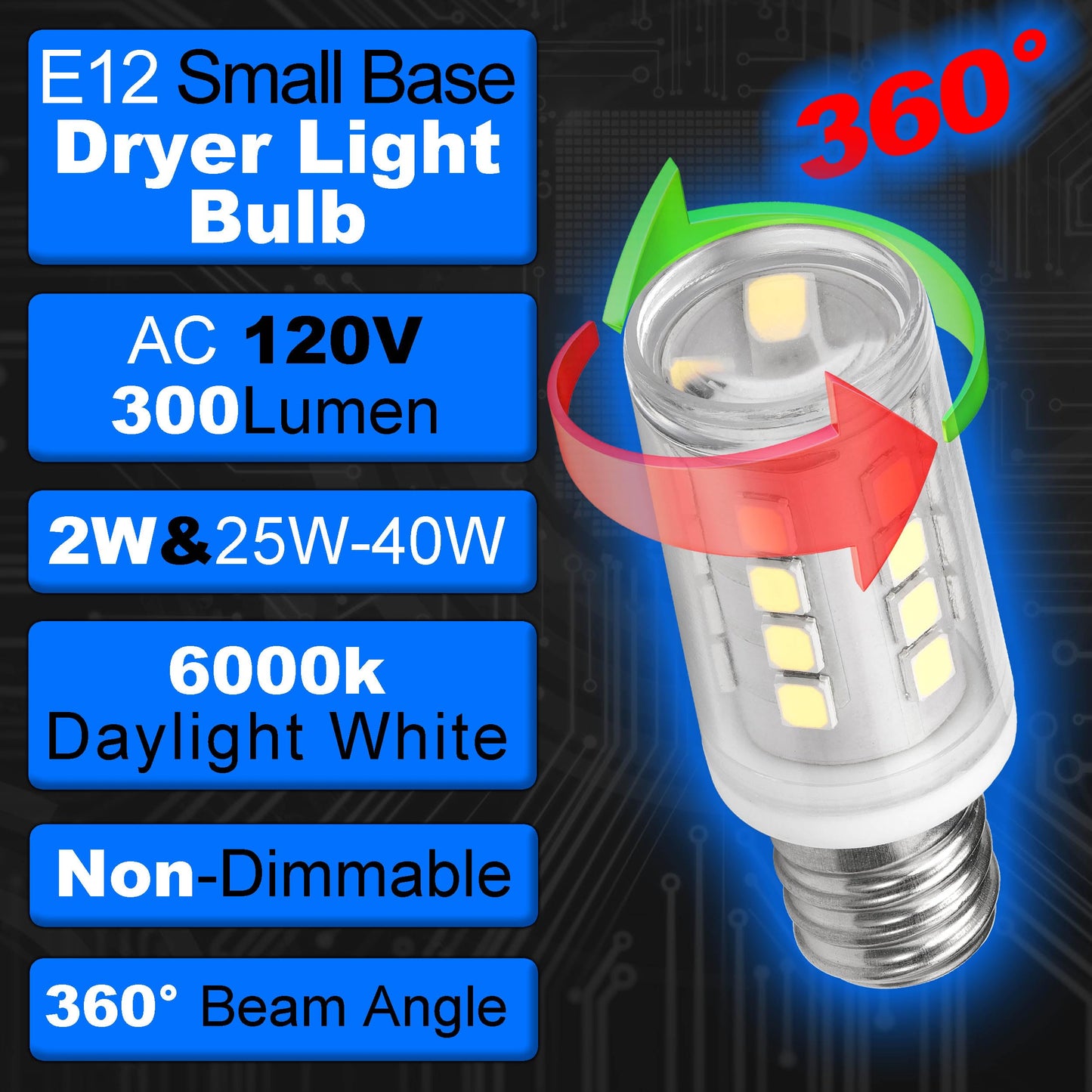 Dryer Light Bulb 120V 10W 25W 40W Equivalent WE05X20431 WP22002263 Appliance Bulb E12 Candelabra Base 2W 300lm 6000K Daylight White for Dryer Drum Water Ice Dispenser Refrigerators Bulb, 2 Pack
