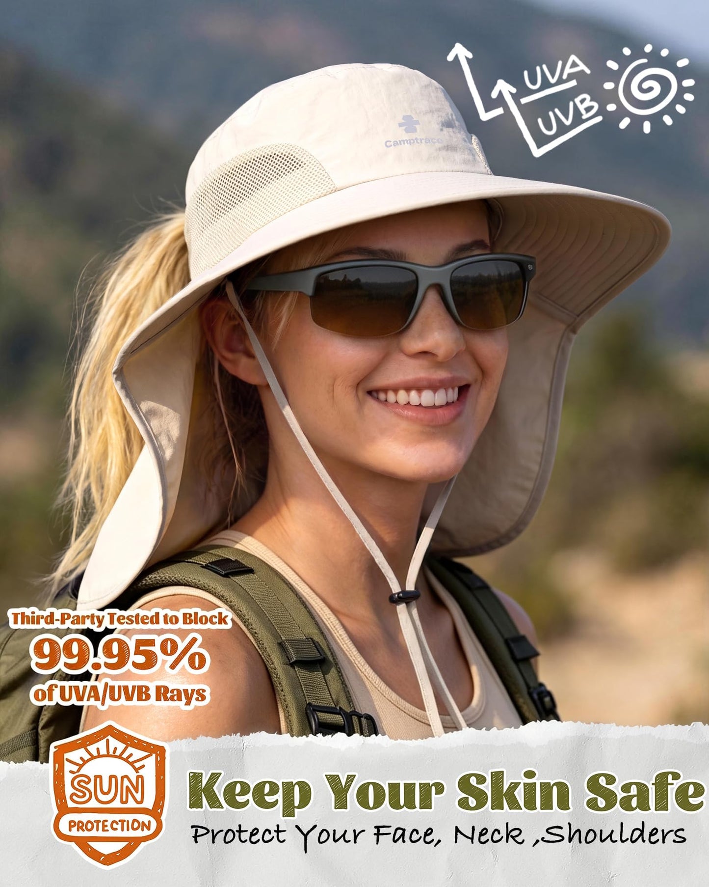Camptrace Sun Hats for Women Men UPF 50+ UV Protection Wide Brim Hiking Fishing Hat with Neck Flap, Beige