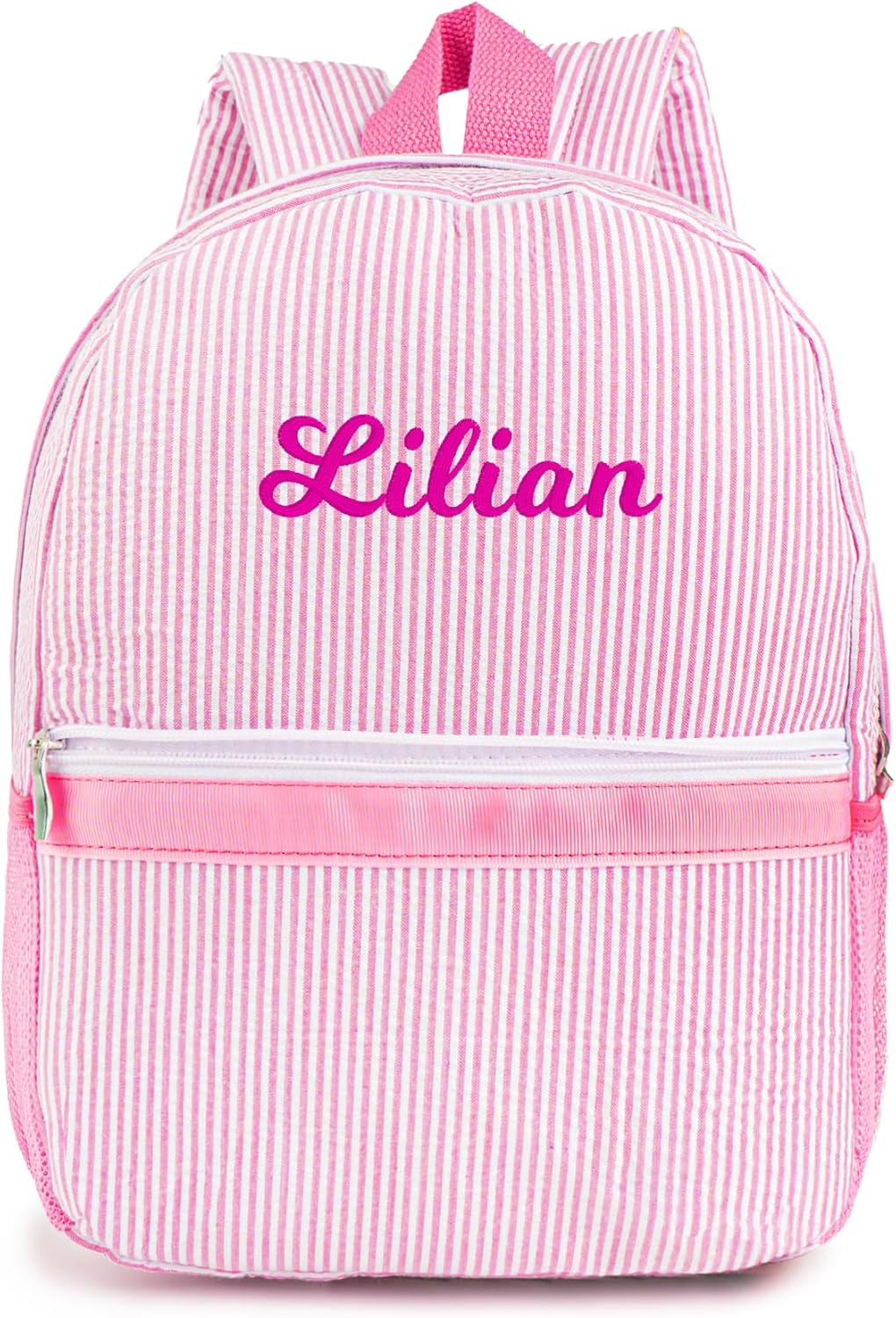MT WORLD Personalized Toddler Backpack - Embroidered Name Seersucker Design for Girls 2-4 (Pink)