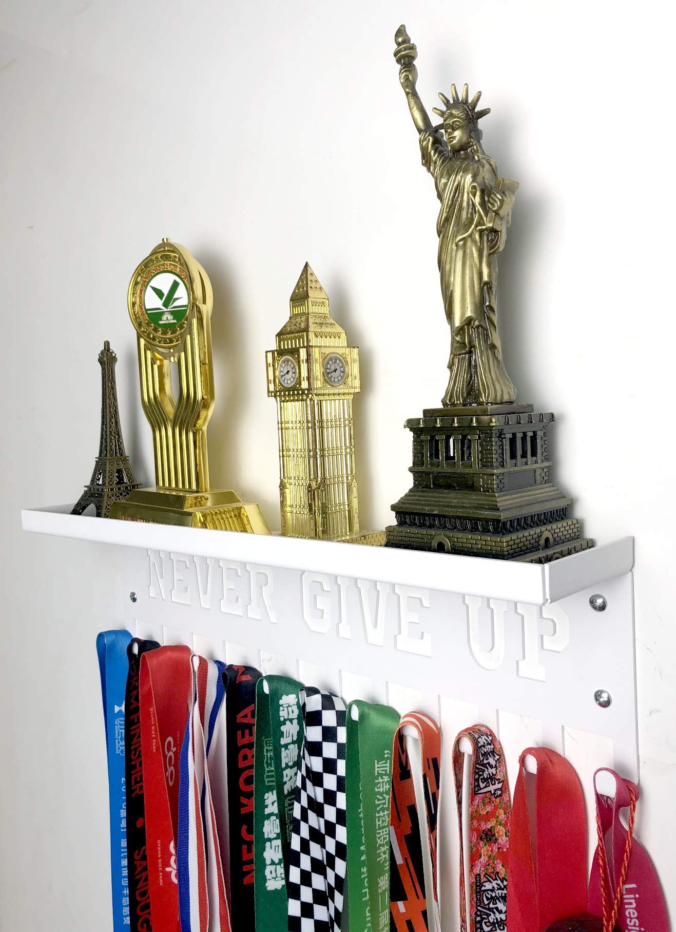 URBN BY MODERN HOME FINISHINGS Never Give Up Sports Awards Medal Hanger Display, 3" Trophy Shelf Medal Holder with Hooks, Easy Install Wall Shelf and Ribbon Holder White Wall Shelf