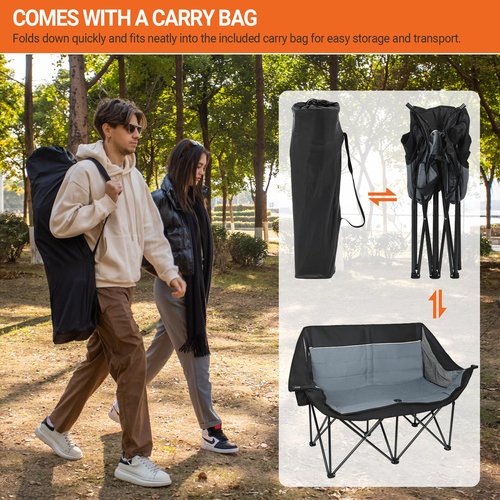 Leadpro Double Camping Chair for Adults - Heavy Duty 700LB Oversized Padded Camping Loveseat, 2 Person Folding Outdoor Chair with Cup Holders for Lawn, Backyard (Grey)