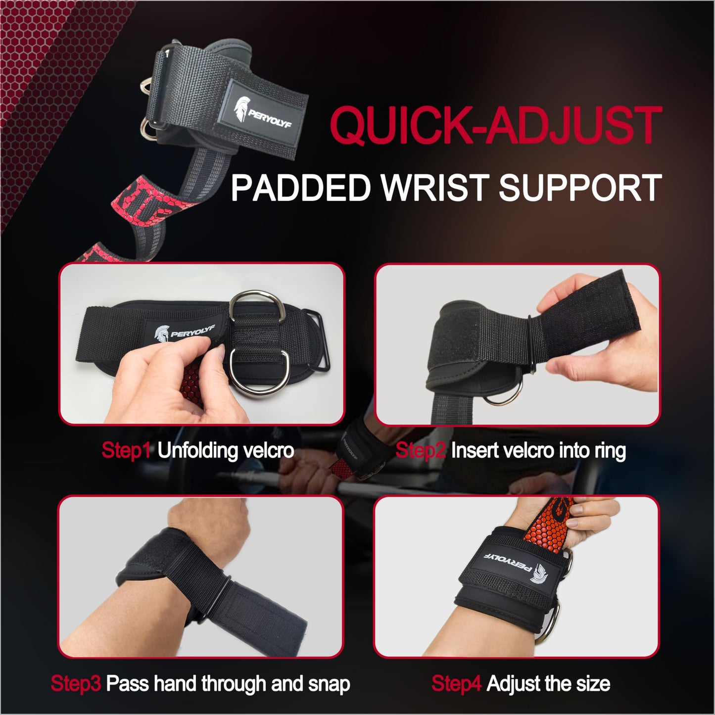 Double-Side Anti-Slip PERYOLYF Lifting Straps with D Ring - Adjustable Gym Straps for Deadlifts, Weightlifting & Cable Machine - Thick Wrist Support for Men & Women (Red)