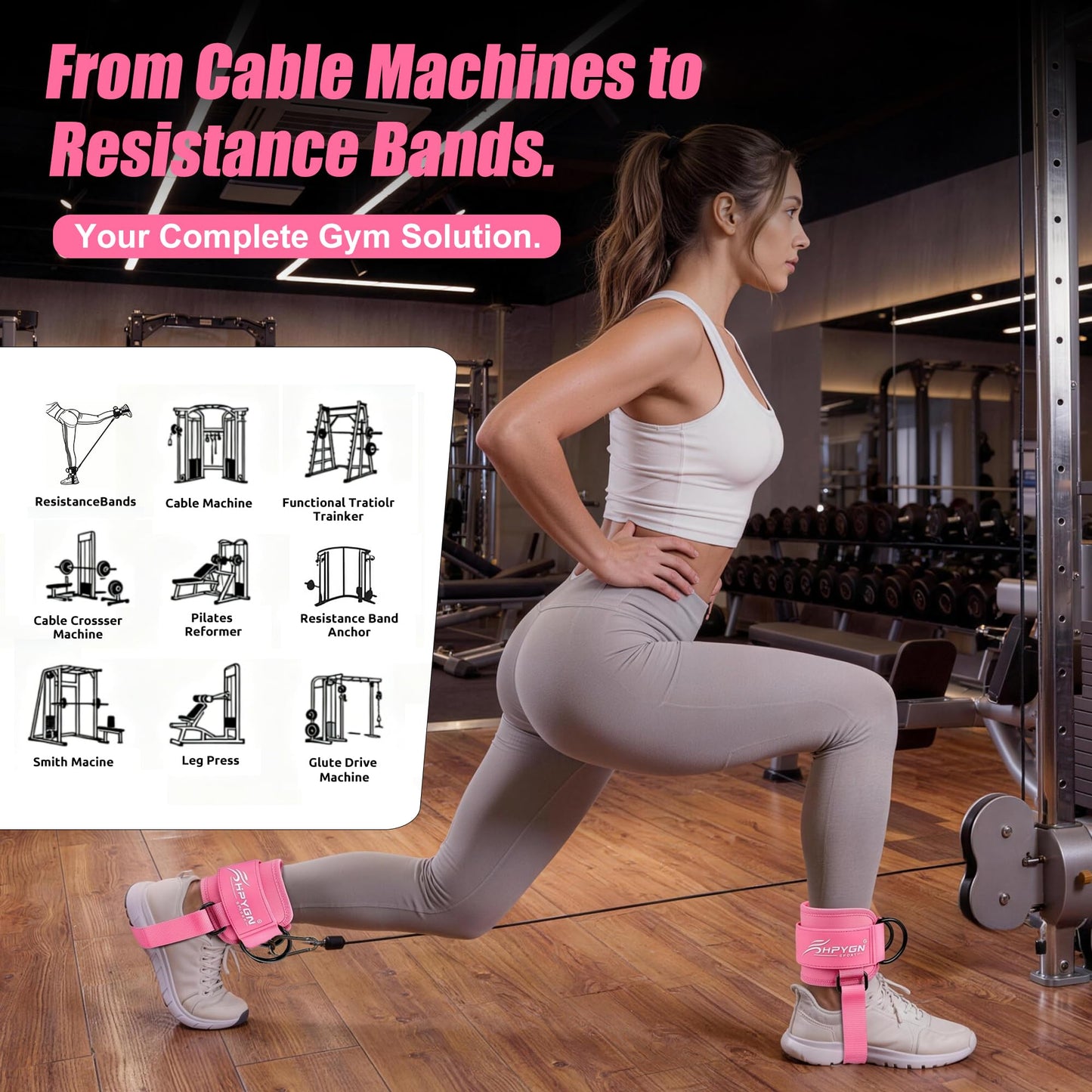 HPYGN Ankle Strap for Cable Machine, Gym Ankle Straps for Working Out, Adjustable Ankle Cuff Kickback Strap, Cable Machine Attachments for Women Glute Leg Extensions, Leg Straps with Neoprene Padding