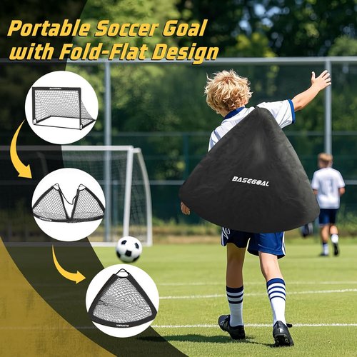 BaseGoal Soccer Goals - Portable Pop-Up 4x3ft Set of 2 for Kids | Complete Outdoor Training Kit with Ball & Cones