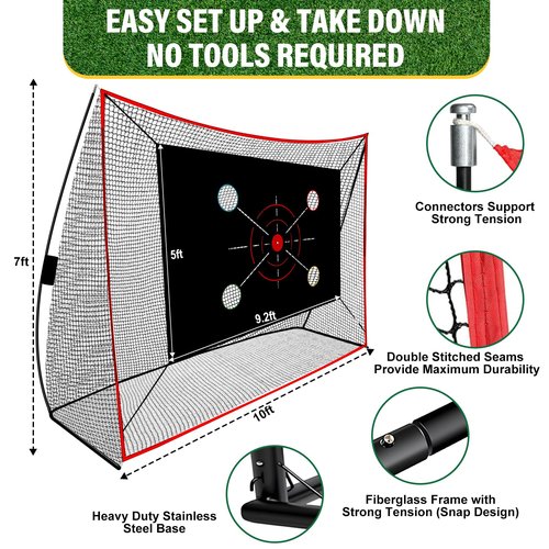 Golf Net, 10x7FT with Golf Practice Mat, Hitting Aid Net with Multi Targets Training for Backyard Driving Chipping Indoor Outdoor Use, 5-Ply Anti-Tear Netting & Carry Bag, Gifts for Men Dad Him Golfer