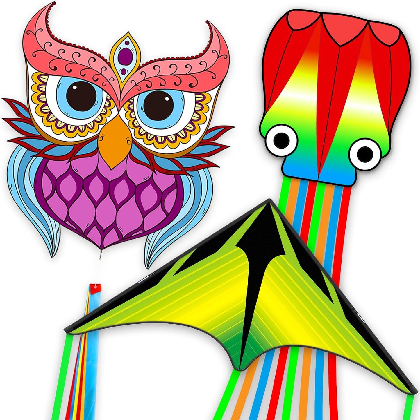 Skiennix Kites for Adults & Kids - Easy to Fly Beach Kites with 328ft String | Fun Gift for Ages 4-8 (Purple Owl, Grassland, Octopus)