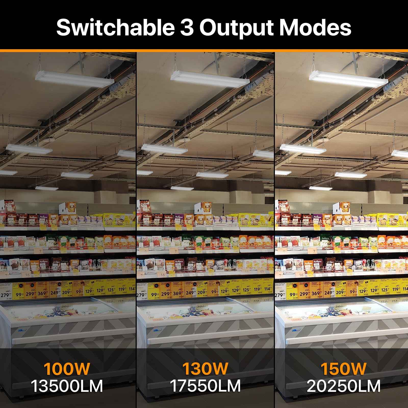 DEMILARE High Bay Led Shop Light 150W 20250LM(135LM/W) 4000K/5000K Switchable Lens Rotatable Linear High Bay Lights 0-10V Dimmable 100-277V Hanging Commercial Lighting for Warehouse