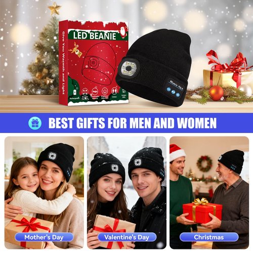 Bluetooth Beanie Hat with Light, Headlamp Cap with Headphones and Built-in Speaker Mic, Gifts for Men Women Husband Him Black