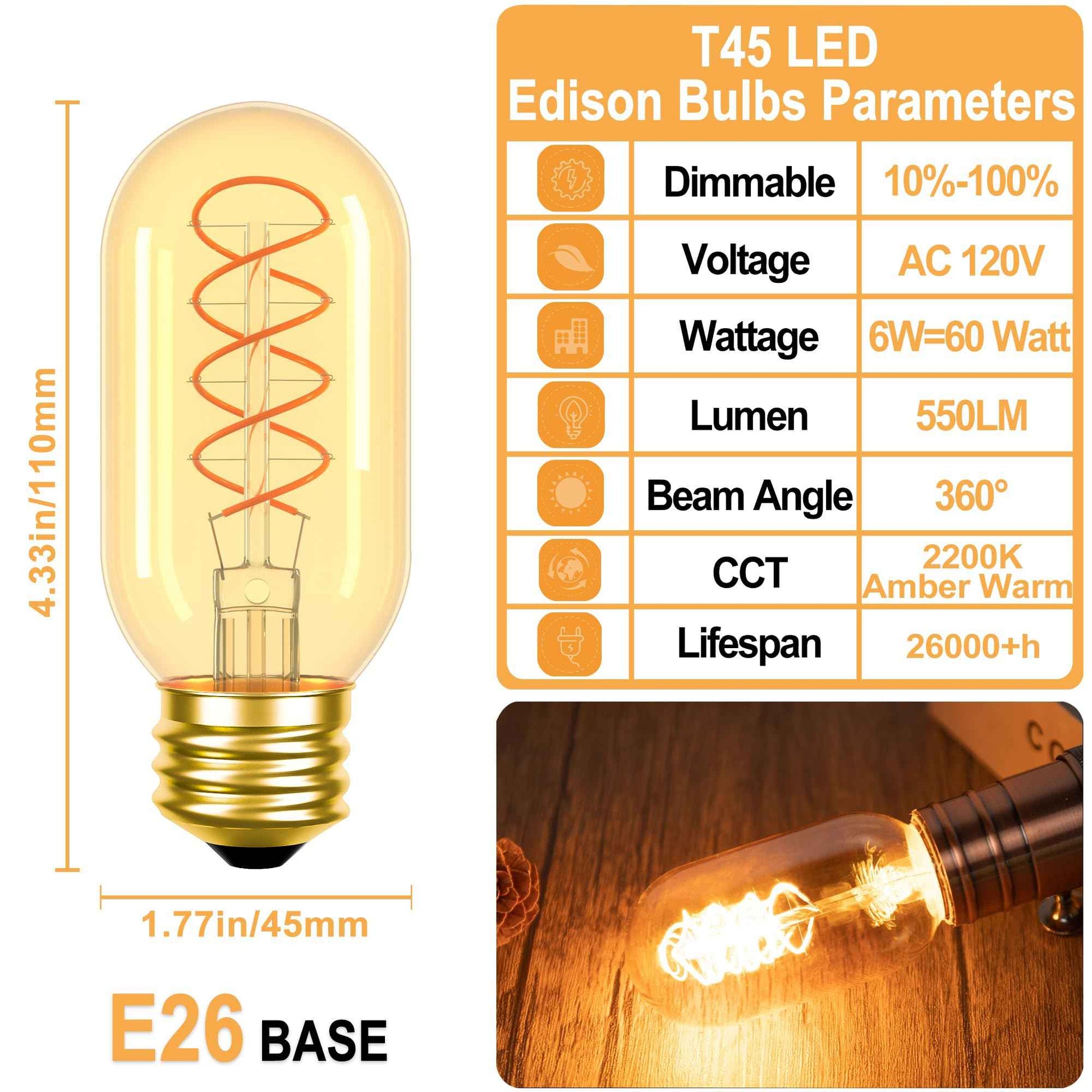 Hykton Dimmable E26 LED Vintage Edison Light Bulbs 6W Equivalent E26 Bulb 60 Watt, 4 Pack 2200K Amber Warm T45/T14 Tubular Antique LED Edison Warm Light Bulbs, 110-130 Volts, 550LM, CRI 93+