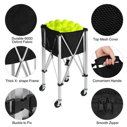 Lineslife Portable Tennis Ball Hopper Holds 200 Balls, Tennis Ball Basket Cart with 4 Wheels & Brakes, Detachable Oxford Fabric Bag for Tennis and Pickleball Training, Black