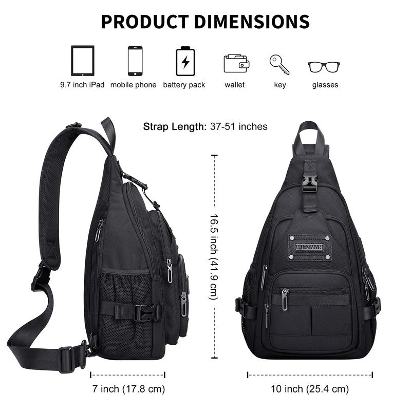 WITZMAN Sling Bag for Men Casual Crossbody Sling Bags with USB Charging Port for Travel Daily Cycling(B735 Black)