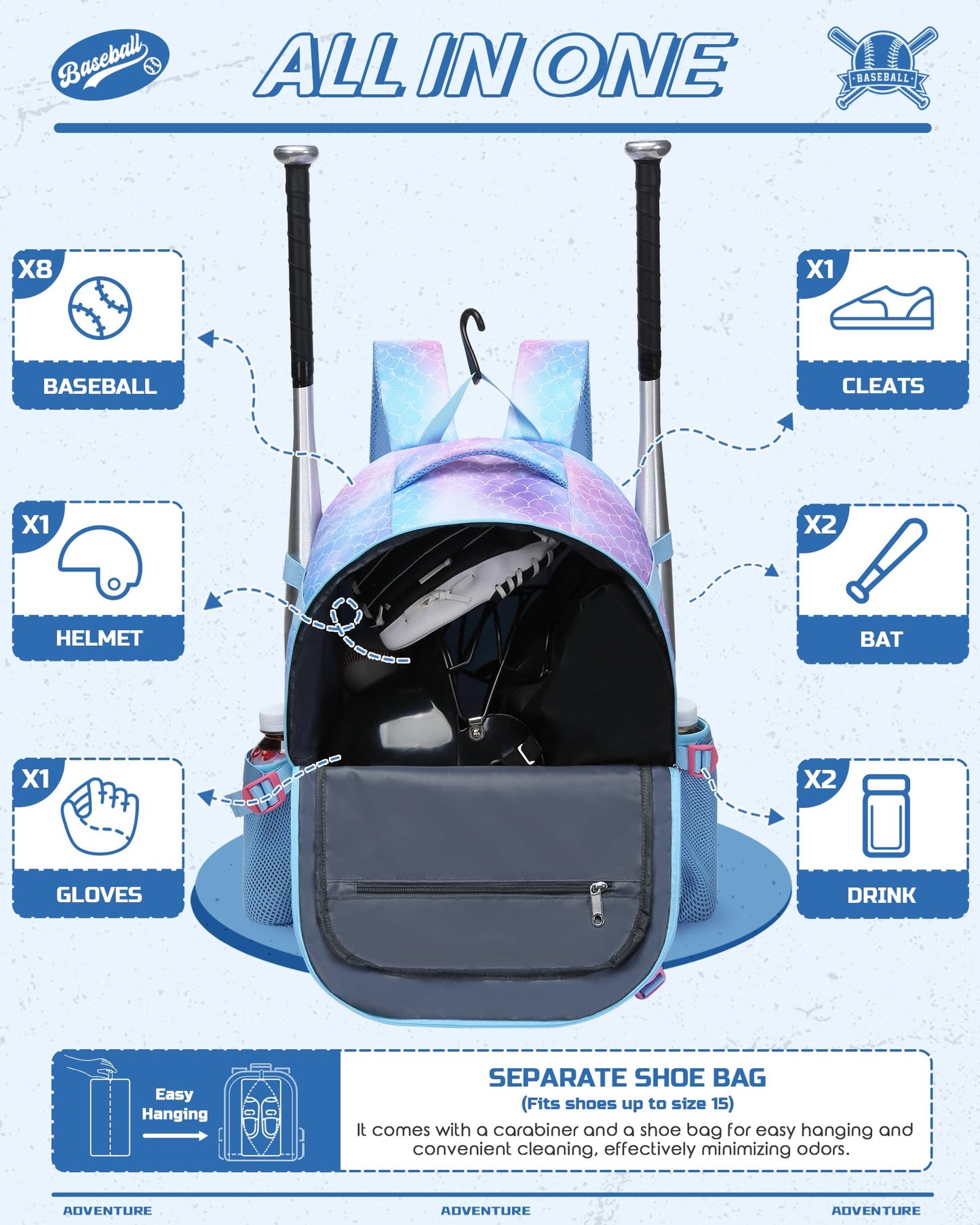 FOKDUVB Baseball Softball Backpack for Kids Boys Girls 6-8 8-12 12-14 Large Youth Bat Bag for Gear Storage Baseball Softball Tball Equipment Back Pack with Separate Shoe Bag (Blue/Purple, Mermaid)