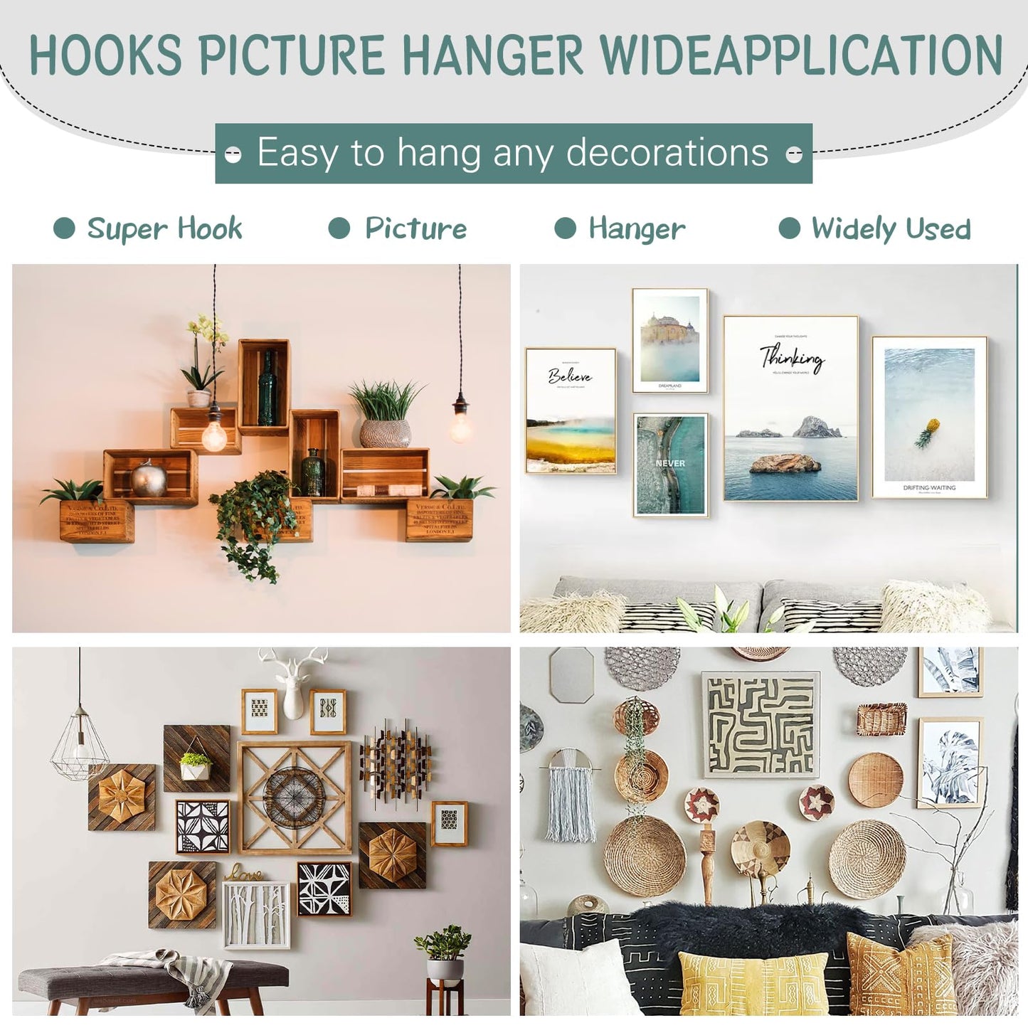 AccEncyc 50Pcs Picture Hanger Hooks Super Hooks for Hanging Drywall Picture Hanging Hooks Heavy Duty Wall Hooks for Hanging Pictures, Photos, Frames, Planters, Art, Clock