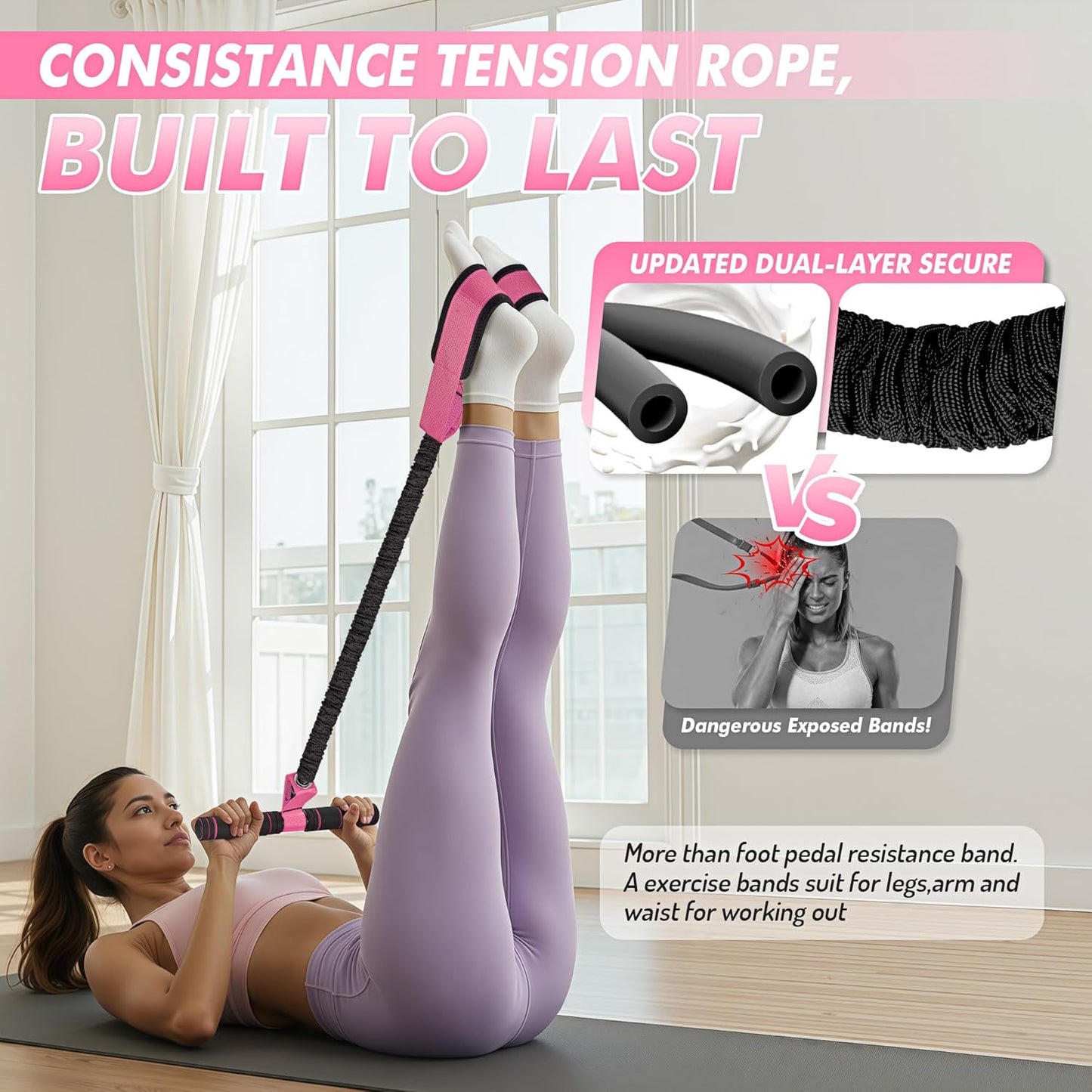 Pedal Resistance Band with Handle - Upgraded 55LBS Exercise Bands for Core, Abs, Legs & Glutes