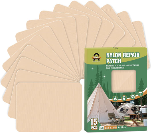 OAZ 15 Pieces 3.5 x 4.7 inch Nylon Repair Patches Nylon Fabric Patch Self-Adhesive Tent Repair Tape Waterproof Lightweight Repair Patches Repair Patch Kit for Clothing Down Jacket Bag (Beige)
