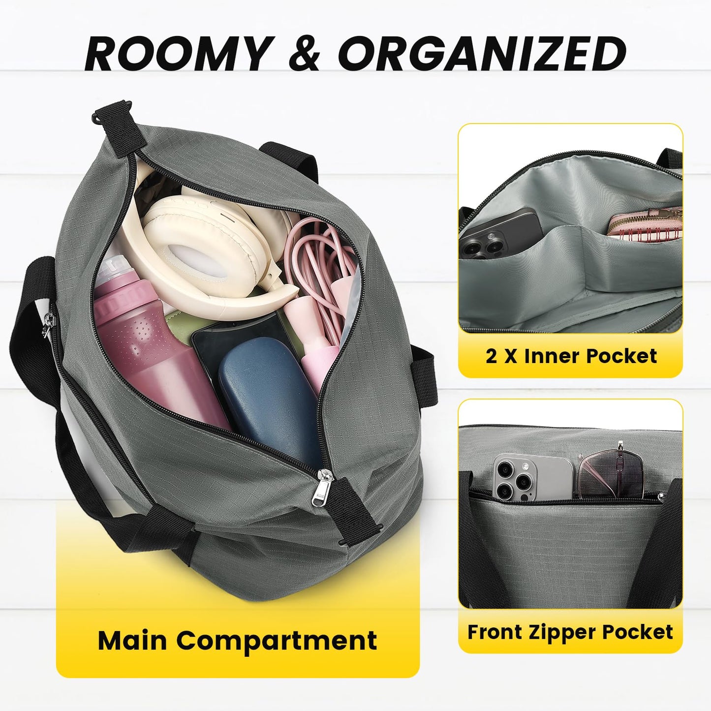 Vorspack Small Gym Bag - 14 Inches Duffle Bag for Travel Lightweight Duffel Bag for Men Women Personal Item Bag Weekender Bag for Travel Sports Gym - Grey