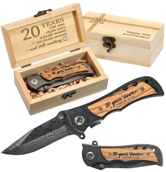 Lanties 20 Year Anniversary Keepsake Gifts for Him Engraved Pocket Knife with Gift Box Happy Tin Anniversary Customized Wedding Birthday Father's Day Gifts for Men Husband