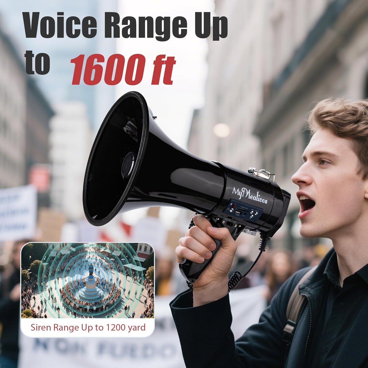 MyMealivos 50W Bluetooth Megaphone - Rechargeable Bullhorn with Siren & 240s Recording | 1600ft Range for Sports & Emergencies