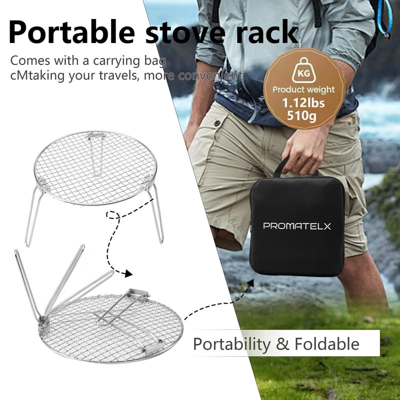 RROMATELX Small Folding Camping Grill，304 Stainless Stee Portable Camping Stove，Campfire Grate，Heavy Duty Rack Camping with Carrying Bag for Outdoor Cooking Backpacking Hiking Picnic BBQ